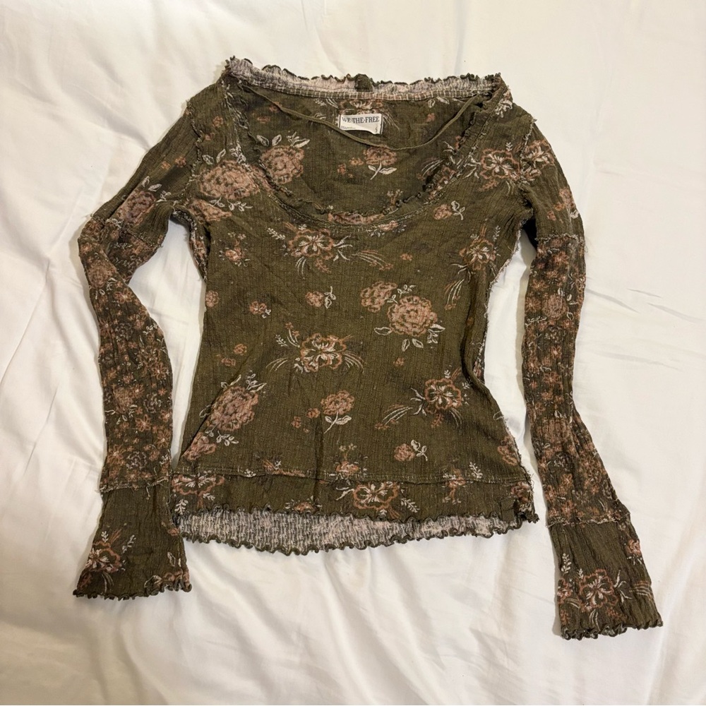 Free People Olive Floral Frayed Top